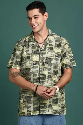 men's cuban collar ethnic motifs green relaxed fit shirt