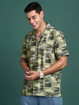 men's cuban collar ethnic motifs green relaxed fit shirt 3