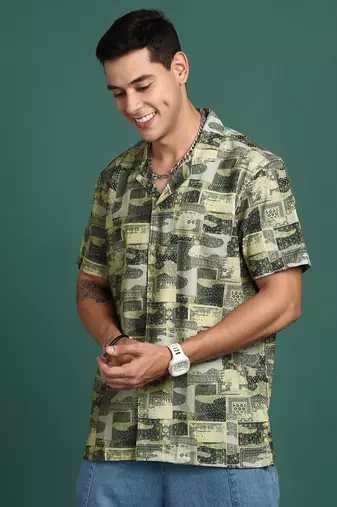 men's cuban collar ethnic motifs green relaxed fit shirt