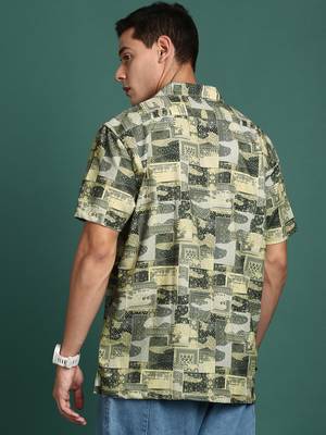 men's cuban collar ethnic motifs green relaxed fit shirt 4
