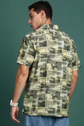 men's cuban collar ethnic motifs green relaxed fit shirt