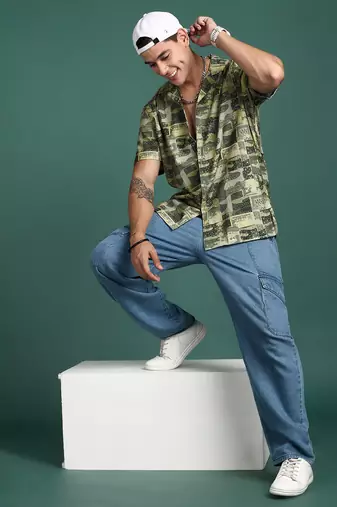 men's cuban collar ethnic motifs green relaxed fit shirt