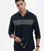 men's navy blue geometric slim fit shirt