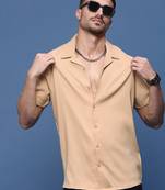 men's beige solid cuban collar relaxed fit shirt