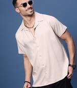 men's cream solid cuban collar relaxed fit shirt