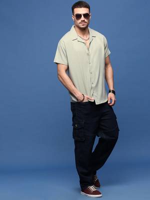 men's green solid cuban collar relaxed fit shirt 5