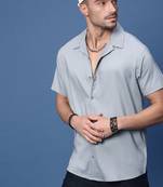men's grey solid cuban collar relaxed fit shirt