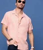 men's peach solid cuban collar relaxed fit shirt