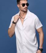 men's white solid cuban collar relaxed fit shirt