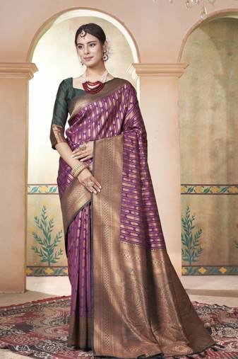 Purple Kanchivaram Silk Zari Weaving With Gold Zari Border And Pallu Saree With Blouse For Women