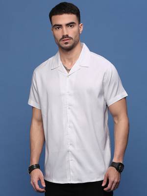 men's white solid cuban collar relaxed fit shirt 2