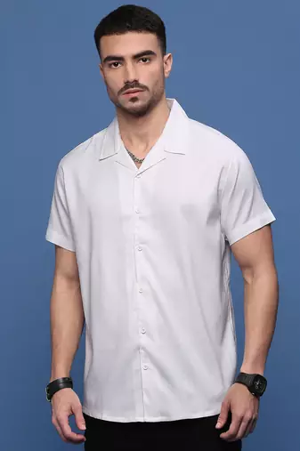 men's white solid cuban collar relaxed fit shirt