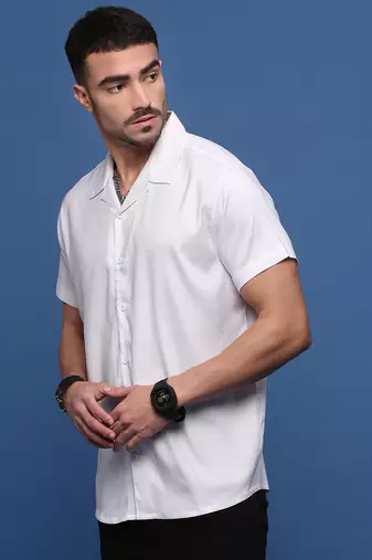 men's white solid cuban collar relaxed fit shirt
