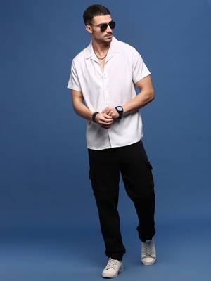 men's white solid cuban collar relaxed fit shirt 5