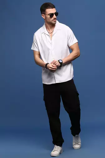 men's white solid cuban collar relaxed fit shirt