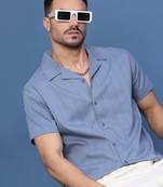 men's blue solid cuban collar relaxed fit shirt