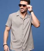 men's grey solid cuban collar relaxed fit shirt