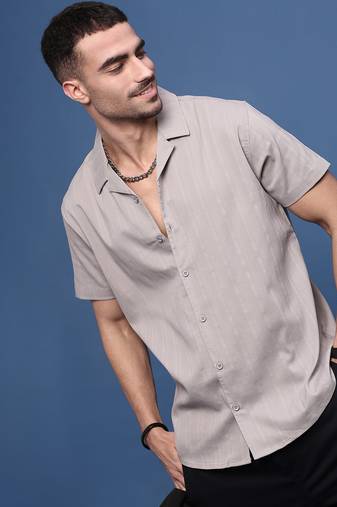 men's grey solid cuban collar relaxed fit shirt
