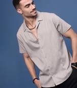 men's grey solid cuban collar relaxed fit shirt