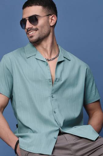 men's turquoise blue solid cuban collar relaxed fit shirt