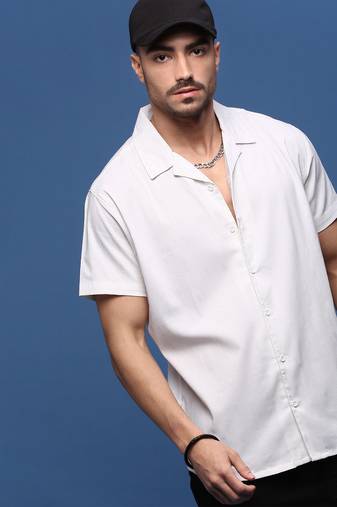 men's white solid cuban collar relaxed fit shirt