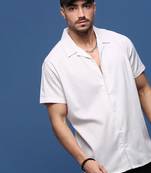 men's white solid cuban collar relaxed fit shirt