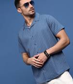 men's blue solid cuban collar relaxed fit shirt