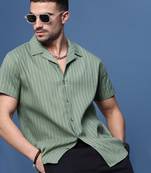 men's green solid cuban collar relaxed fit shirt