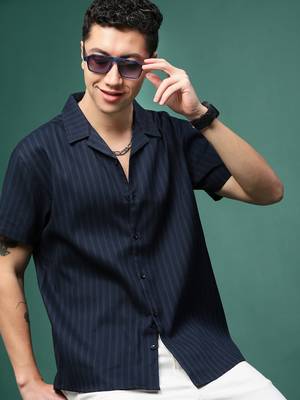 men's navy blue solid cuban collar relaxed fit shirt 1