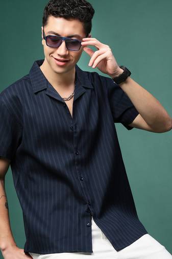 men's navy blue solid cuban collar relaxed fit shirt
