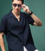 men's navy blue solid cuban collar relaxed fit shirt