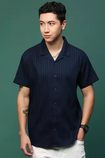 men's navy blue solid cuban collar relaxed fit shirt