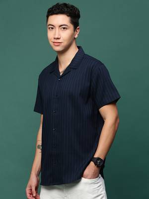 men's navy blue solid cuban collar relaxed fit shirt 3