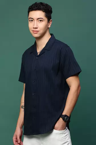 men's navy blue solid cuban collar relaxed fit shirt