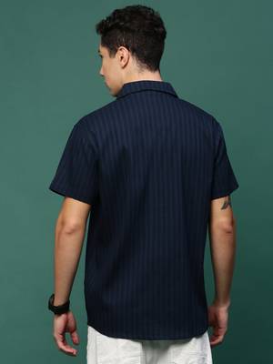 men's navy blue solid cuban collar relaxed fit shirt 4