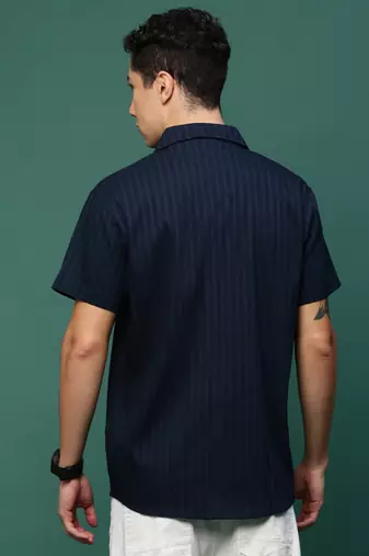 men's navy blue solid cuban collar relaxed fit shirt