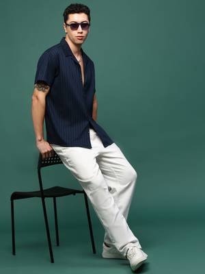 men's navy blue solid cuban collar relaxed fit shirt 5