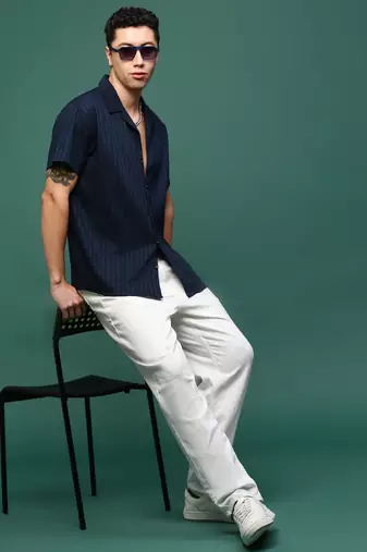 men's navy blue solid cuban collar relaxed fit shirt