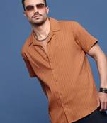 men's orange solid cuban collar relaxed fit shirt