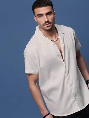 men's white solid cuban collar relaxed fit shirt 1