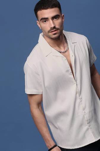 men's white solid cuban collar relaxed fit shirt