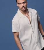 men's white solid cuban collar relaxed fit shirt
