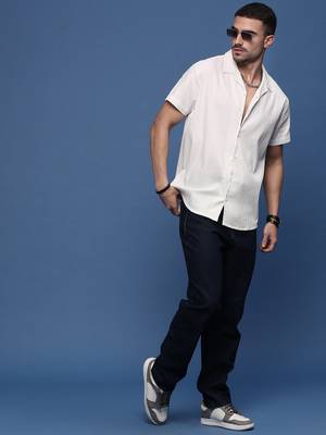 men's white solid cuban collar relaxed fit shirt 5