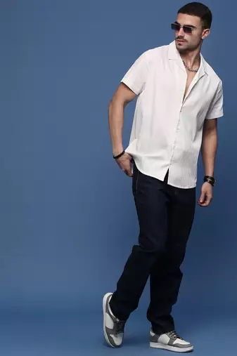 men's white solid cuban collar relaxed fit shirt