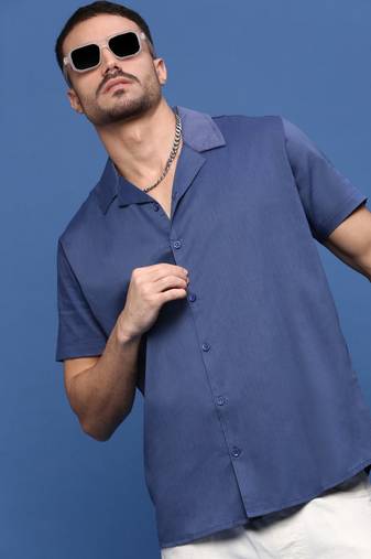 men's blue solid cuban collar relaxed fit shirt
