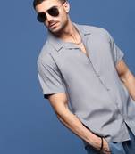 men's grey solid cuban collar relaxed fit shirt