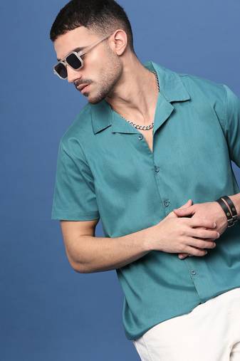 men's teal solid cuban collar relaxed fit shirt