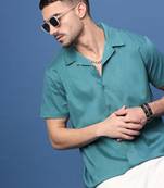 men's teal solid cuban collar relaxed fit shirt