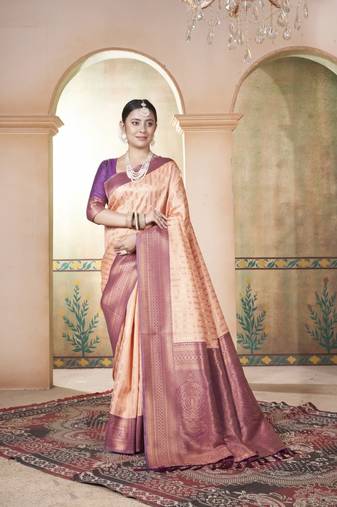 Cream Kanchivaram Silk Zari Weaving With Gold Zari Border And Pallu Saree With Blouse For Women