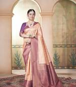 Cream Kanchivaram Silk Zari Weaving With Gold Zari Border And Pallu Saree With Blouse For Women